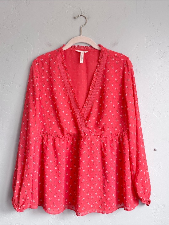 Matilda Jane Tops - Matilda Jane Women's Coral Pink Floral Swiss Dot V-Neck Peplum Blouse Medium EUC